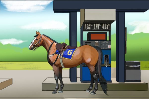 A color illustration of a race horse standing next to a gas pump.