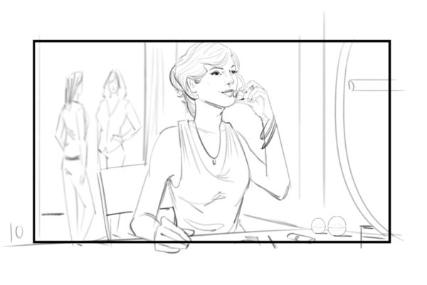 Femme appliquant un baume à lèvres. Illustré par l'artiste du storyboard ASB, Alex H., Style : cadre de storyboard en noir et blanc, Art 2D pour les cadres d'animation ou de storyboard.