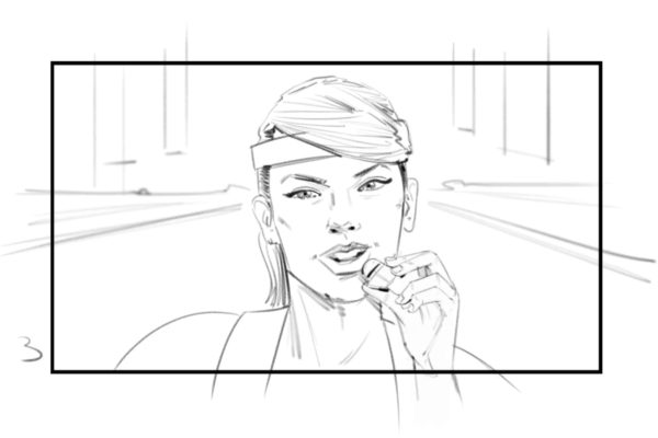 Femme en forme appliquant un baume à lèvres. Illustré par l'artiste du storyboard ASB, Alex H., Style : cadre de storyboard en noir et blanc, Art 2D pour les cadres d'animation ou de storyboard.