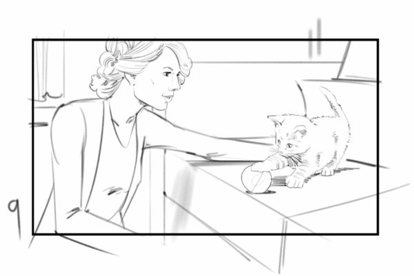 Femme jouant avec un chaton. Illustré par l'artiste de storyboard ASB, Alex H., Style : cadre de storyboard en noir et blanc, Art 2D pour les cadres d'animation ou de storyboard.