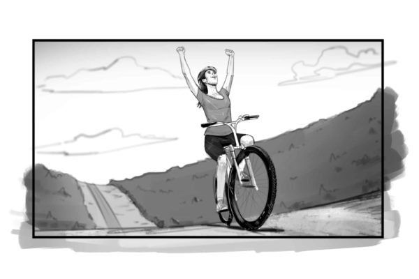 Une femme lève les bras en l'air alors qu'elle fait du vélo en plein air. Illustré par l'artiste du storyboard ASB, Alex H., Style : cadre de storyboard en noir et blanc, Art 2D pour les cadres d'animation ou de storyboard.