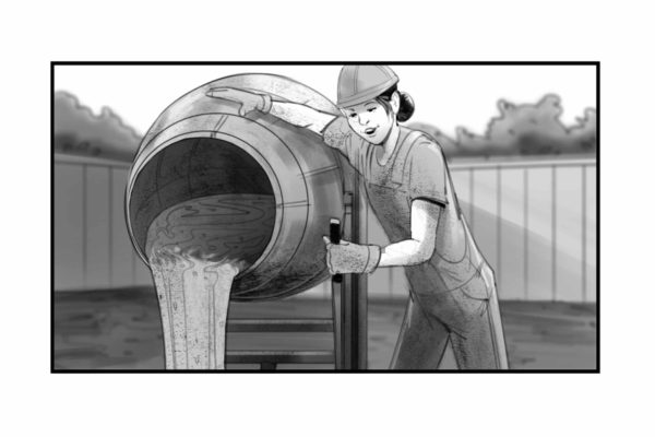 Une ouvrière de la construction verse du ciment à partir d'une machine industrielle. Illustré par l'artiste ASB Storyboard, Alex H., Style : noir et blanc ton storyboard frame, 2D Art for Animatic or Storyboard frames.