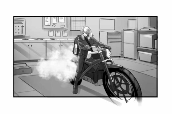Une femme teste le moteur d'une moto. Illustré par l'artiste ASB Storyboard, Alex H., Style : noir et blanc ton storyboard frame, 2D Art for Animatic or Storyboard frames.