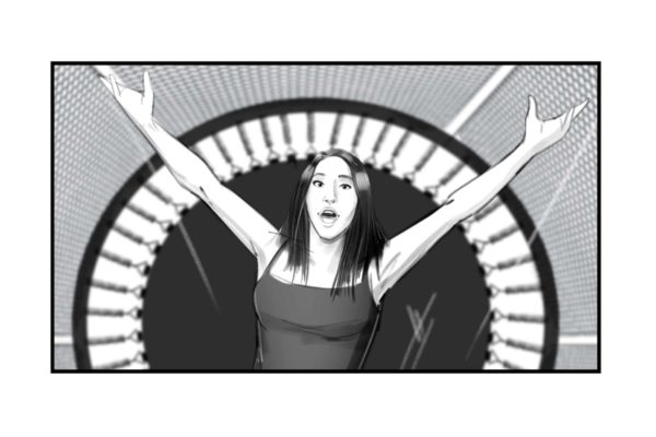 Une femme sur un trampoline levant les bras. Illustré par l'artiste de storyboard ASB, Alex H., Style : noir et blanc ton storyboard frame, 2D Art for Animatic or Storyboard frames.