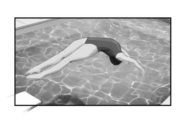 Une plongeuse saute en arrière dans une piscine. Illustré par ASB Storyboard Artist, Alex H., Style : noir et blanc ton storyboard frame, 2D Art for Animatic or Storyboard frames.