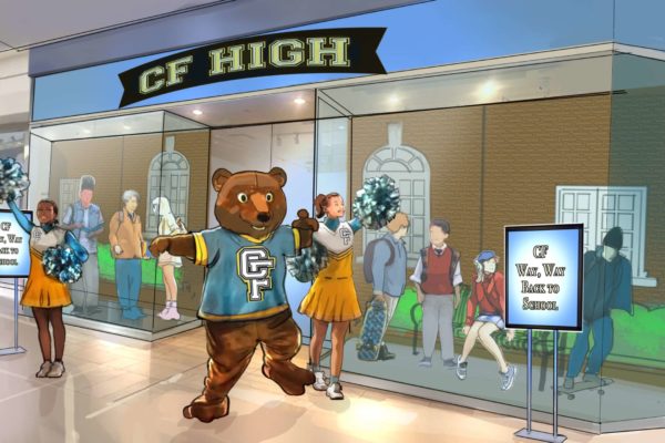 A storefront at a mall for a high school. Illustrated by ASB Storyboard Artist Charlie. Style: Color Frames, 2D Art for Animatic or Storyboards.