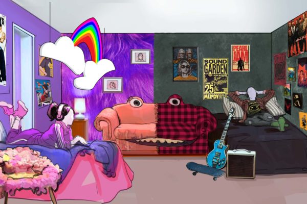 A split scene of two teenagers' differently styled bedrooms. Illustrated by ASB Storyboard Artist Charlie. Style: Color Frames, 2D Art for Animatic or Storyboards.