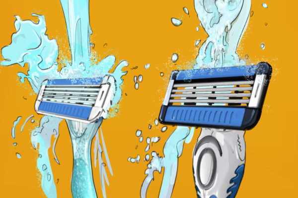 Razors for shaving being washed. Illustrated by ASB Storyboard Artist Charlie. Style: Color Frames, 2D Art for Animatic or Storyboards.