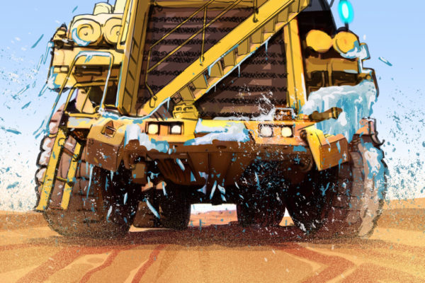 A yellow construction truck driving through sand. Illustrated by ASB Storyboard Artist Charlie. Style: Color Frames, 2D Art for Animatic or Storyboards.