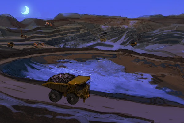 A yellow construction truck driving at night. Illustrated by ASB Storyboard Artist Charlie. Style: Color Frames, 2D Art for Animatic or Storyboards.