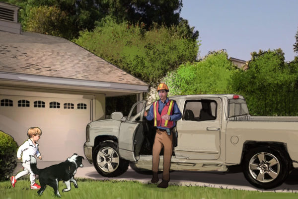 A construction worker gets home from work. His son and dog run to greet him. Illustrated by ASB Storyboard Artist Charlie. Style: Color Frames, 2D Art for Animatic or Storyboards.