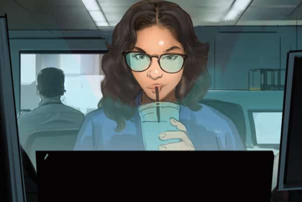 A woman sips on her drink at work while looking at her computer. Illustrated by ASB Storyboard Artist Charlie. Style: Color Frames, 2D Art for Animatic or Storyboards.