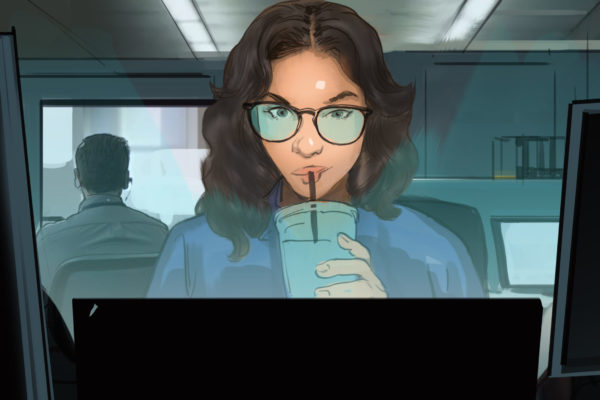 A woman sips on her drink at work while looking at her computer. Illustrated by ASB Storyboard Artist Charlie. Style: Color Frames, 2D Art for Animatic or Storyboards.