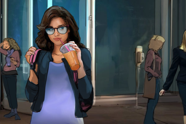 A woman sips on her drink while walking through the office. Illustrated by ASB Storyboard Artist Charlie. Style: Color Frames, 2D Art for Animatic or Storyboards.