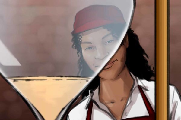 A woman stands behind a giant hourglass. Illustrated by ASB Storyboard Artist, Camryn, Style: Color storyboard frame, 2D Art for Animatic or Storyboard frames.