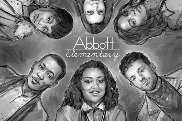Abbott Elementary cover shot 3, Ilustrado por ASB Storyboard Artist, Chris M., Estilo: Linhas em preto e branco, desenho fotorrealista, arte 2D para quadros de animação ou storyboard
