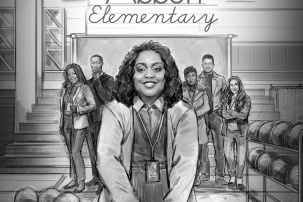Abbott Elementary cover shot 2, Ilustrado por ASB Storyboard Artist, Chris M., Estilo: Linhas em preto e branco, desenho fotorrealista, arte 2D para quadros de animação ou storyboard