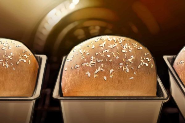 A close up shot of bread baking in an oven. Illustrated by ASB Storyboard Artist, Camryn, Style: Color storyboard frame, 2D Art for Animatic or Storyboard frames.