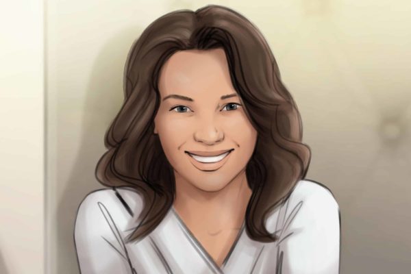 A woman smiles. Illustrated by ASB Storyboard Artist, Camryn, Style: Color storyboard frame, 2D Art for Animatic or Storyboard frames.