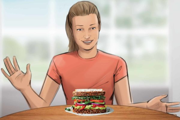 A woman sits in front of a sandwich. Illustrated by ASB Storyboard Artist, Camryn, Style: Color storyboard frame, 2D Art for Animatic or Storyboard frames.
