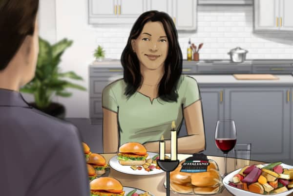 Romantisches Abendessen mit Burgern und Wein, Illustriert von ASB Storyboard Artist, Camryn, Stil: Farbe Storyboard Rahmen, 2D Kunst für Animatic oder Storyboard Rahmen