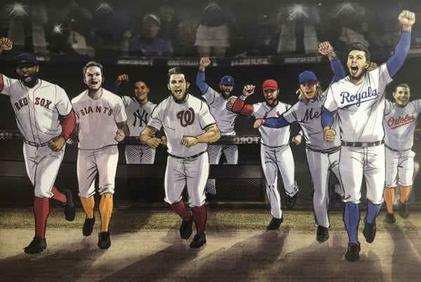 Les membres de l'équipe de baseball courent sur le terrain, illustré par l'artiste ASB Storyboard, Chris M., Style : Cadres de storyboard en couleur, Art 2D pour les cadres d'animation ou de storyboard