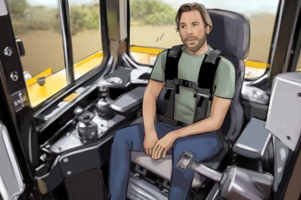 A man sits inside a construction tractor. Illustrated by ASB Storyboard Artist, Camryn, Style: Color storyboard frame, 2D Art for Animatic or Storyboard frames.