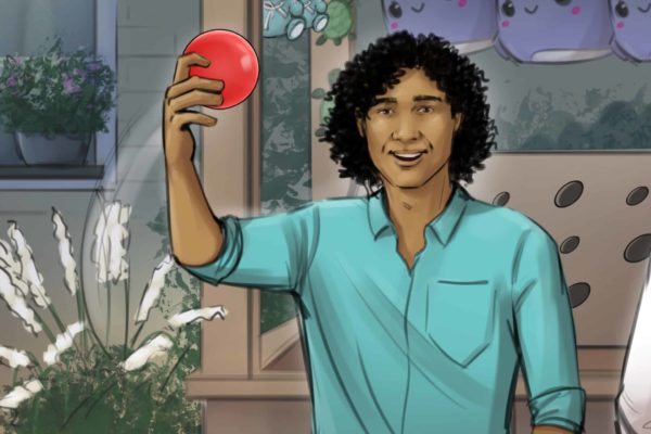 A man holds up a red ball for a carnival game. Illustrated by ASB Storyboard Artist, Camryn, Style: Color storyboard frame, 2D Art for Animatic or Storyboard frames.