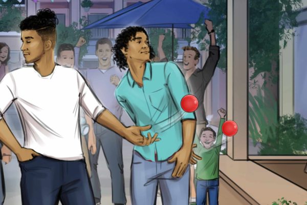 Two men play a carnival game. Illustrated by ASB Storyboard Artist, Camryn, Style: Color storyboard frame, 2D Art for Animatic or Storyboard frames.