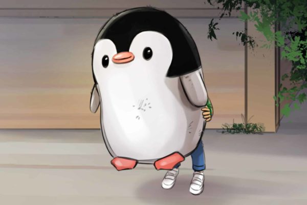 A child holds a large penguin stuffed doll. Illustrated by ASB Storyboard Artist, Camryn, Style: Color storyboard frame, 2D Art for Animatic or Storyboard frames.
