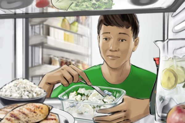 A male stirs food in a glass container inside the refrigerator. Illustrated by ASB Storyboard Artist, Camryn, Style: Color storyboard frame, 2D Art for Animatic or Storyboard frames.
