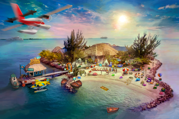 任天堂广告中的岛屿村庄，由 ASB 故事板艺术家 Chris M. 绘制，风格：彩色故事板框架，用于动画或故事板框架的 2D 艺术