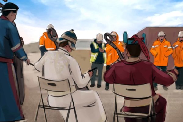 An local traditional music troupe performs for construction works. Illustrated by ASB Storyboard Artist, Camryn, Style: Color storyboard frame, 2D Art for Animatic or Storyboard frames.