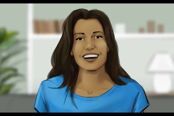 A mid-shot of a woman smiling. Illustrated by ASB Storyboard Artist, Camryn, Style: Color storyboard frame, 2D Art for Animatic or Storyboard frames.