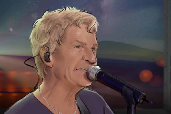 A close-up of a man singing on stage. Illustrated by ASB Storyboard Artist, Camryn, Style: Color storyboard frame, 2D Art for Animatic or Storyboard frames.