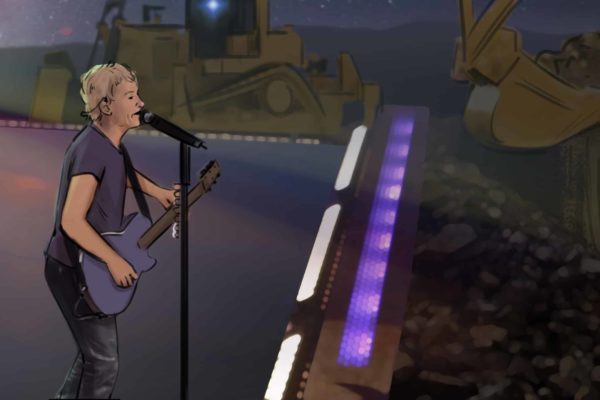 A male singer performing on stage. Illustrated by ASB Storyboard Artist, Camryn, Style: Color storyboard frame, 2D Art for Animatic or Storyboard frames.