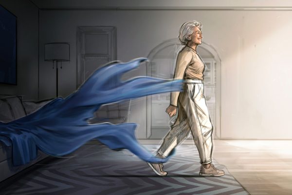 拿着布走路的女人，由 ASB 故事板艺术家 Chris M. 绘制，风格：彩色故事板框架，用于动画或故事板框架的 2D 艺术
