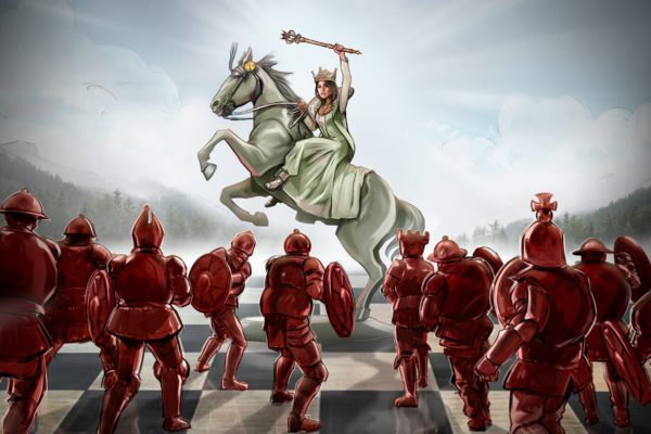 A rainha branca luta contra os soldados da rainha vermelha, Ilustrado por Chris M., artista de storyboard da ASB, Estilo: Quadros de Storyboard a cores, Arte 2D para quadros de Animatic ou Storyboard