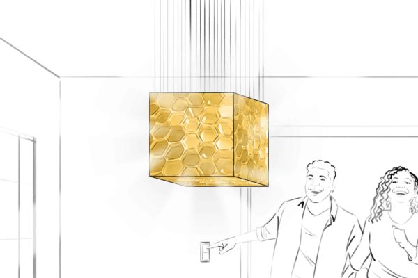 A square lamp with a honeycomb texture lights up the room. Illustrated by ASB Storyboard Artist, Camryn, Style: Black & White Lines, 2D Art for Animatic or Storyboard frames.