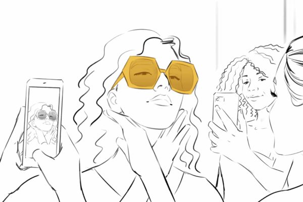 A woman in sunglasses gets photographed by smartphones around her. Illustrated by ASB Storyboard Artist, Camryn, Style: Black & White Lines, 2D Art for Animatic or Storyboard frames.
