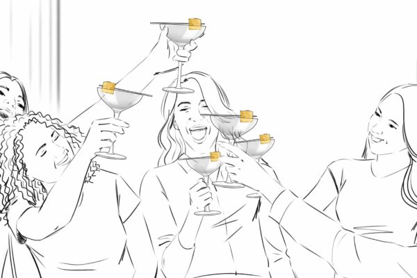 Women celebrating with drinks. Illustrated by ASB Storyboard Artist, Camryn, Style: Black & White Lines, 2D Art for Animatic or Storyboard frames