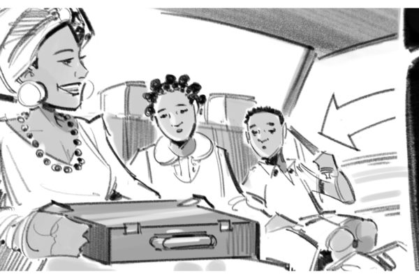 Famille dans une voiture, Illustré par ASB Storyboard Artist, Alex C., Style : Lignes noires et blanches, Art 2D pour Animatique ou Storyboard