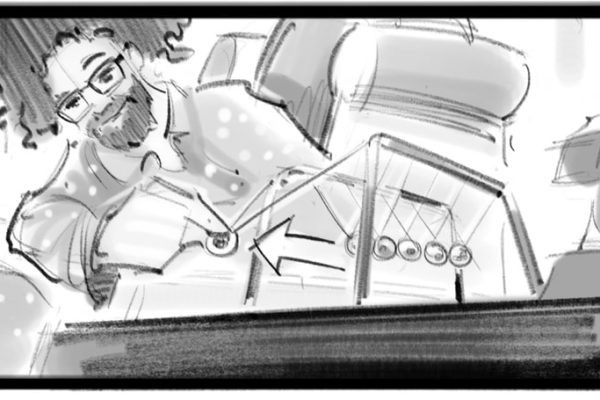 Man sets off the Newton's cradle office toy on his desk, Illustrated by ASB Storyboard Artist, Alex C., Style: Black & White Lines, 2D Art for Animatic or Storyboard frames