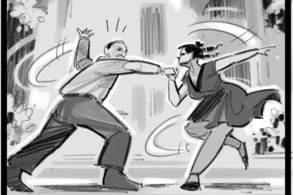 A woman and man dancing to music from a portable speaker by ASB Storyboard Artist, Alex C., Style: Black & White Lines, 2D Art for Animatic or Storyboard frames