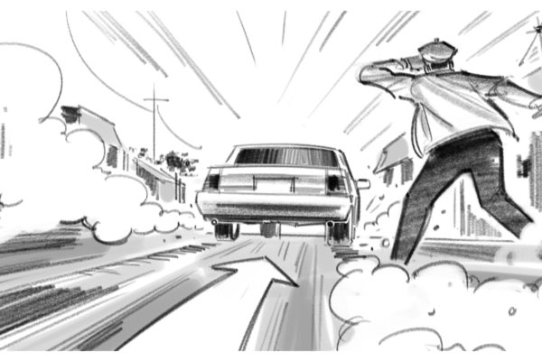 Carro a afastar-se, Ilustrado por ASB Storyboard Artist, Alex C., Estilo: Linhas em preto e branco, arte 2D para quadros de animação ou storyboard