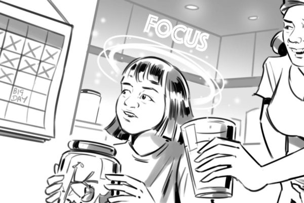 Rapariga com bebida, Ilustrado por ASB Storyboard Artist, Alex C., Estilo: Linhas em preto e branco, arte 2D para quadros de animação ou storyboard