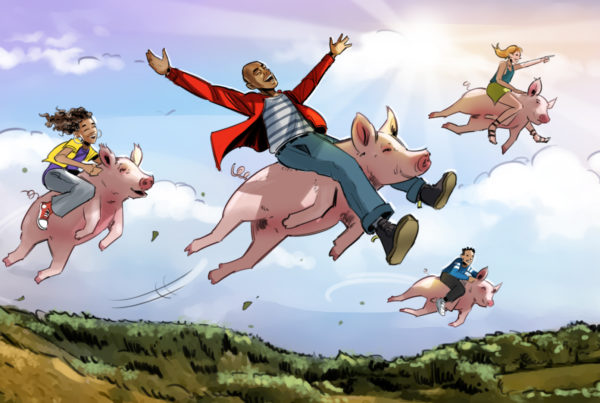 Cochons volants, Illustré par ASB Storyboard Artist, Alex C., Style : Cadre de storyboard en couleur, Art 2D pour les cadres d'animation ou de storyboard