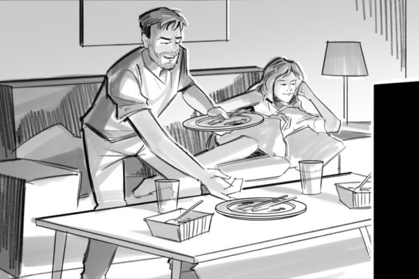 Jantar e TV, Ilustrado por ASB Storyboard Artist, Alex C., Estilo: Linhas em preto e branco, arte 2D para quadros de animação ou storyboard