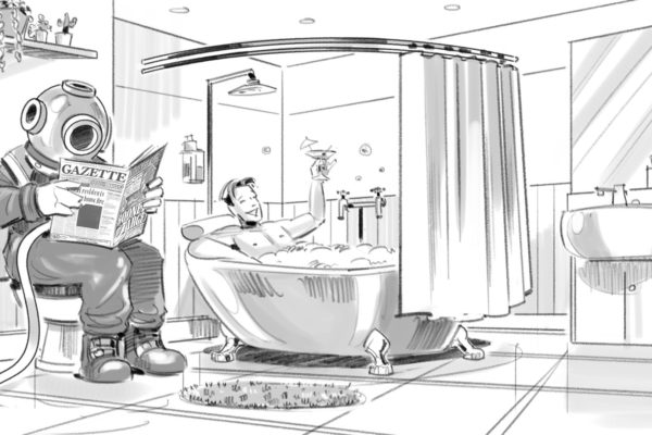 Astronaute dans la salle de bain, illustré par l&#039;artiste ASB Storyboard, Alex C., Style : Lignes noires et blanches, Art 2D pour les cadres d&#039;animation ou de storyboard