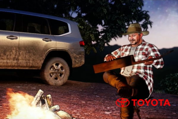 Esempio di animazione, fotogramma cinematografico illustrato in 3D dalla campagna animata di Toyota. Uomo di notte davanti a un fuoco, suona la chitarra accanto a una Toyota